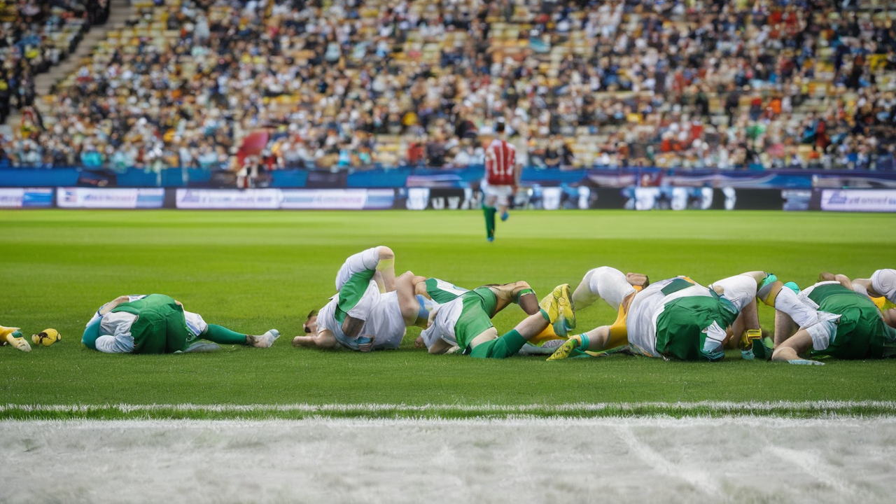 Dynamiczna scena sportowa z biegaczami na stadionie o zachodzie słońca, pokazująca energię i pasję do sportu