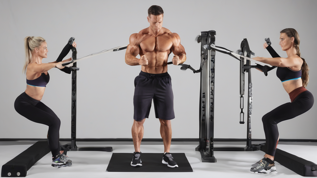 Kolorowe hantle, mata do ćwiczeń i akcesoria fitness ułożone w estetyczny sposób