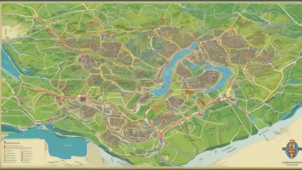 Mapa miasta z zaznaczonymi lokalizacjami sklepów sportowych, stonowane kolory z akcentami czerwieni