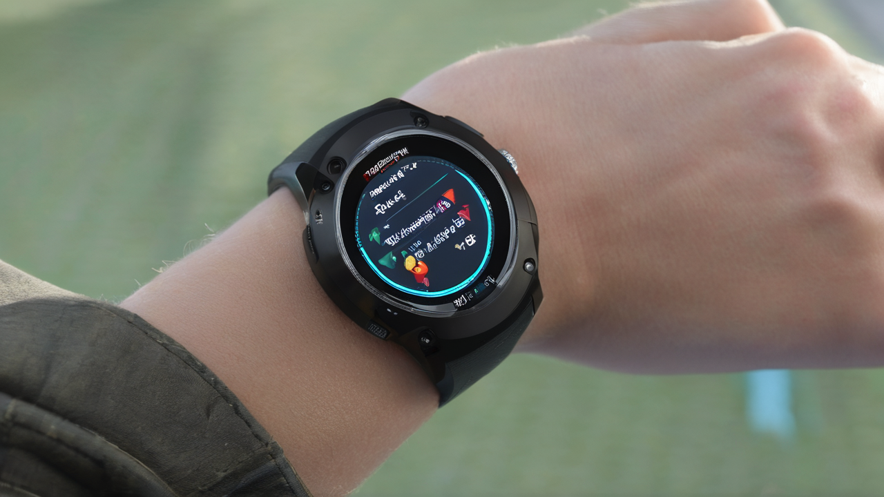 Sportowy smartwatch z czarnym paskiem, wyświetlaczem pokazującym funkcje monitorowania aktywności fizycznej